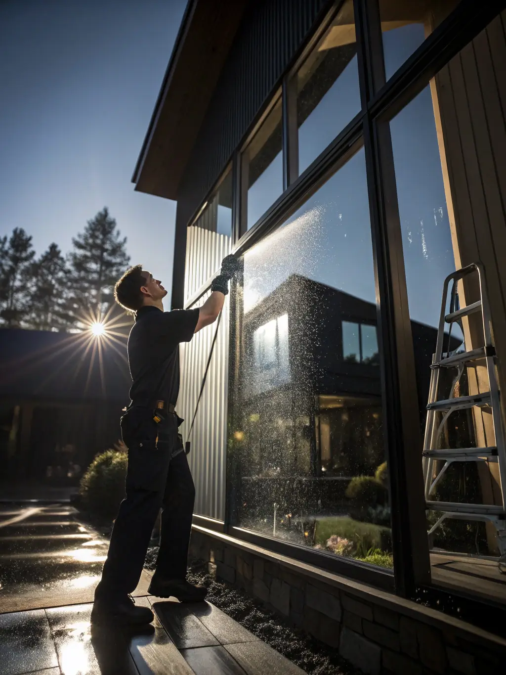 A close-up of a technician cleaning large glass windows with a squeegee, showing a clear view outside, highlighting Texas Shine Exteriors' window cleaning service.
