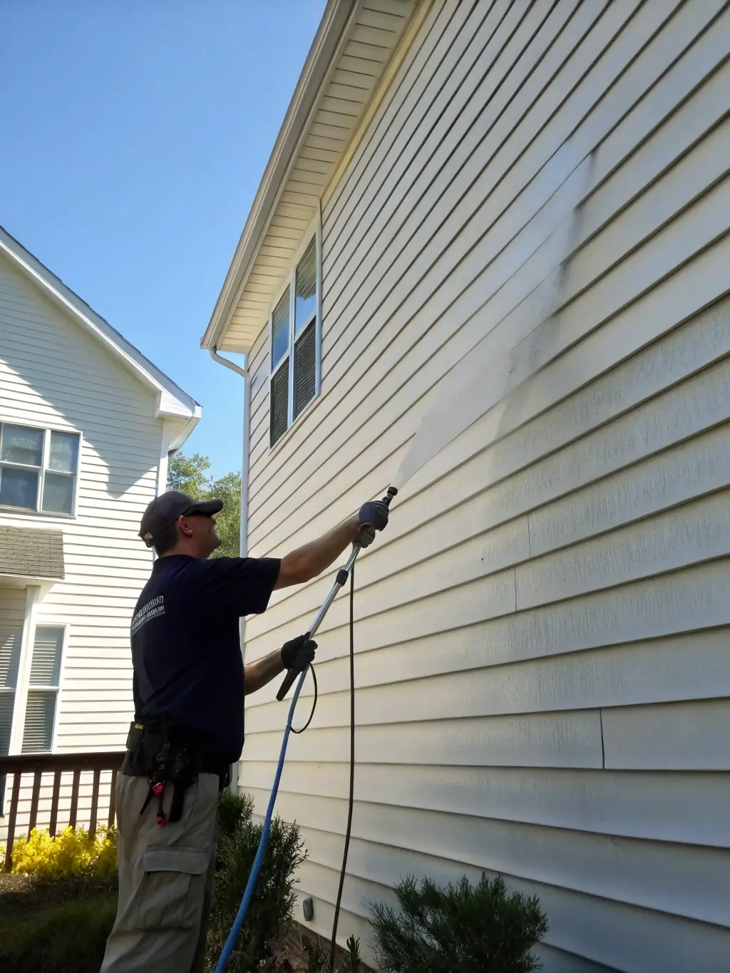 An image showing a technician applying soft wash to a house siding, with a clean, mold-free surface in the background, demonstrating Texas Shine Exteriors' soft washing technique.