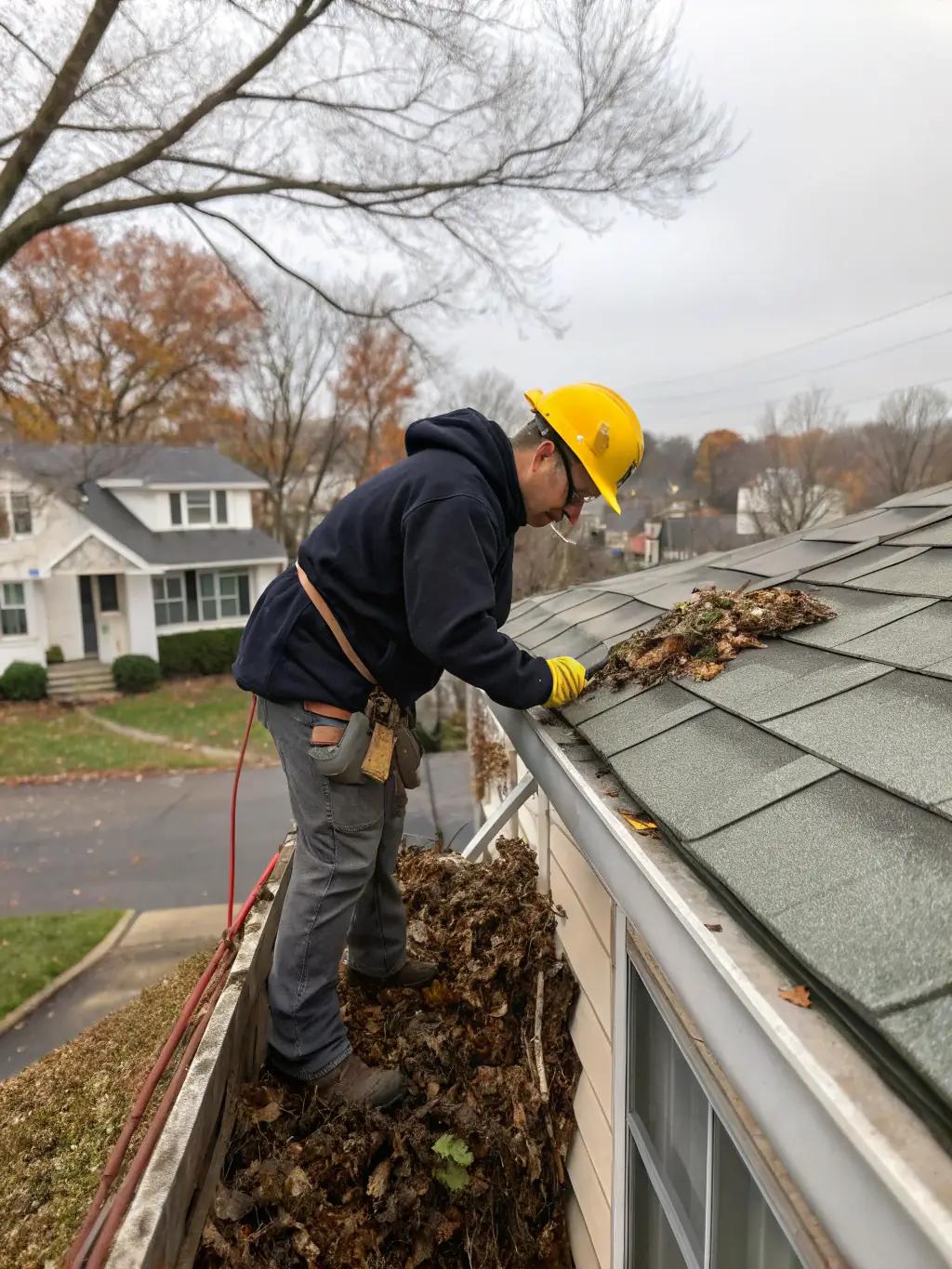 An image of a technician clearing out a gutter filled with leaves, with a clean gutter in the background, illustrating Texas Shine Exteriors' gutter cleaning service.