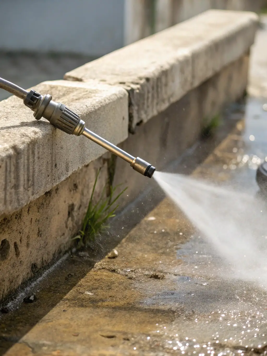 A high-resolution image of a professional power washing a concrete driveway, with water spray and clean surface visible, showcasing Texas Shine Exteriors' power washing service.